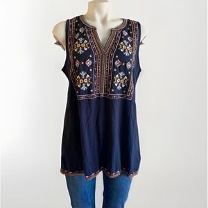 Christian Siriano New York Navy Blue Embroidered‎ Sleeveless V-Neck Top Large
